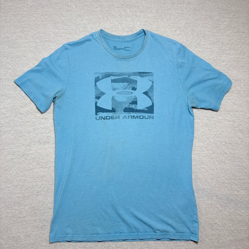 Under Armour Mens T-Shirt Medium Blue Camo Logo Heatgear Athletic‎ Loose Fit
